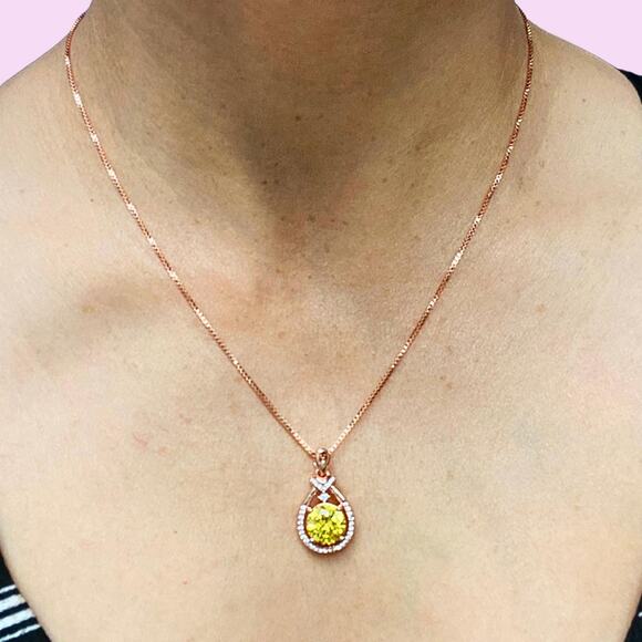 Sterling Silver 18k Rose Gold Plated Necklace with Yellow Zirconia Stone - Picture 3 of 7